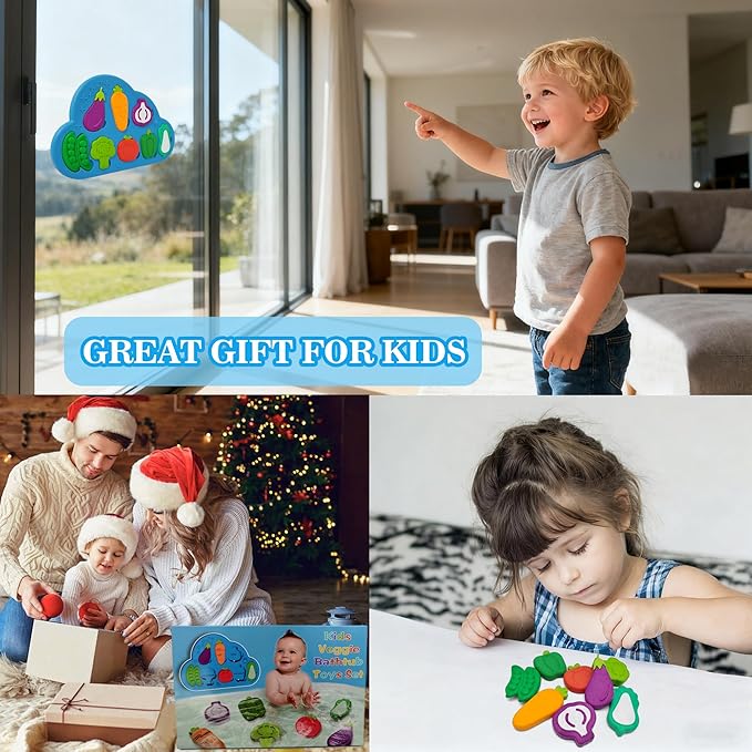 Silicone Bath Toys, No Hole Vegetable Bathtub Toys, Mold-Free Soft Bath Toys for Toddlers, Easy Clean Early Learning Sorting Toy, Floating Tub Toys for Kids - Birthday Gift for Boys Girls