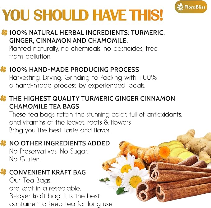 FloraBliss 50 Bags Premium Turmeric Ginger Cinnamon Tea with Upgraded Chamomile, Extra Strength 2.2g/Bag, 100% Natural, Caffeine-Free, Vegan, Eco-Friendly, Supports Digestion, Relaxation