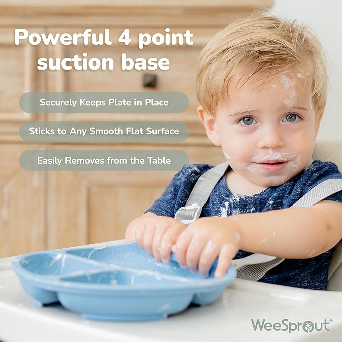 WeeSprout Suction Plates for Babies With Lids & Toddlers - 100% Silicone, Dinnerware Stays Put, Divided Design for Picky Eaters, Microwave & Dishwasher Friendly, 3 Pack