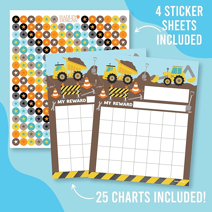 Sticker Chart for Kids Behavior at Home & Classroom - 25 Reward Chart for Kids Incentives, Gold Star Sticker Sheets, Construction Incentive Charts for Classroom Must Haves