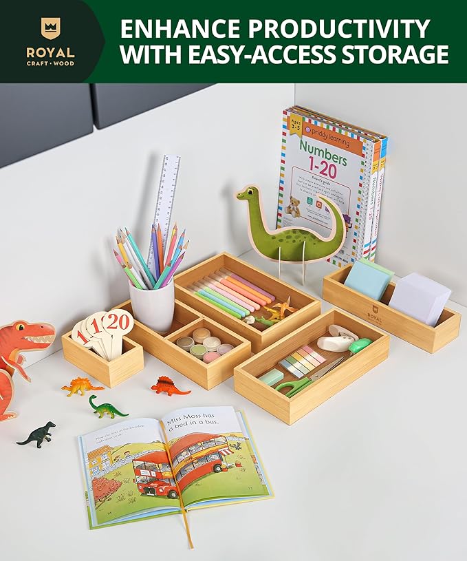 ROYAL CRAFT WOOD 5-Piece Bamboo Drawer Organizer Set – Multi-Use Storage Trays for Kitchen, Bathroom, Office, Makeup, Jewelry & More – Junk Drawer Tray, Utensil Holder, Storage Box & Bin Set (5 Boxes)