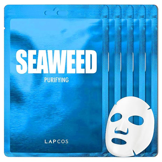 LAPCOS Seaweed Sheet Mask, Daily Face Mask with Hyaluronic Acid to Smooth and Purify Skin, Korean Beauty Favorite, 5-Pack