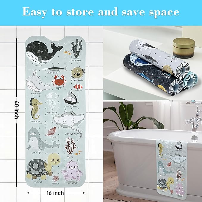 Bath Mat for Tub Non Slip, Machine Washable Anti-Slip Cartoon Baby Bathtub Shower Mat with Drain Holes and Suction Cups for Toddler & Kids, 40 Inch x 16 Inch, Greige Sea Animals