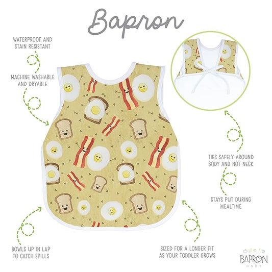 BapronBaby Eggs & Bacon Bapron - No Neck Tie Safer Bib for Baby & Toddler - Soft Waterproof Stain Resistant - Machine Washable - Sz Preschool 3-5yrs