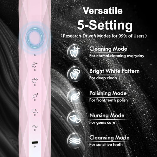 Diamond Style - Sonic Electric Toothbrush for Adults & Kids, Rechargeable Toothbrushs with 10 Brush Heads & Travel Case, Teeth Whitening, Power Electric Toothbrush with Holder