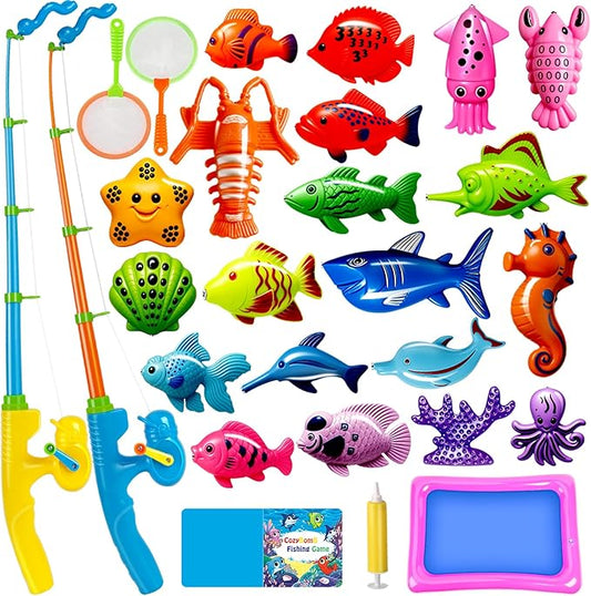 CozyBomB™ Magnetic Fishing Toys Game Set for Kids | Water Table Bathtub Kiddie Pool Party Pole Rod Net, Outdoor Plastic Floating Fish, Toddler Bath Color Ocean Sea Animals Birthday Gift Age 3-5 6 4-8