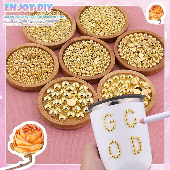 Nail Art Flat Back Half Round Pearl Kits, Mixed Sizes 6000 Pcs with B7000 Jewelry Glue Gold Small Pearls for Nails with Picking Tools for Graduation Cap Decorations Home DIY Body Face Craft Use