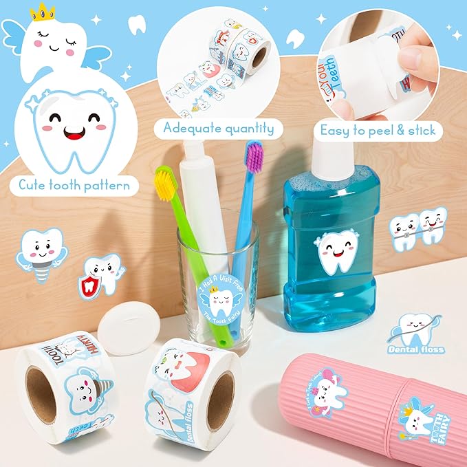 CJiangpo 1000Pcs Tooth Roll Stickers, Funny Dental Tooth Fairy Sticker Decals for Laptop Water Bottle Scrapbook DIY Crafts, Baby Shower Birthday Party Decoration Gift for Boy Girl