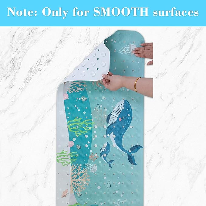 Bath Mat for Tub Non Slip, Machine Washable Anti-Slip Cartoon Baby Bathtub Shower Mat with Drain Holes and Suction Cups for Toddler & Kids (40 Inch x 16 Inch-Rectangular, 2-Whales)