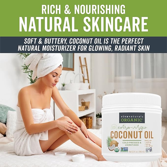 Viva Naturals Organic Coconut Oil, 32 fl oz – Unrefined, Cold-Pressed Extra Virgin Coconut Oil, USDA Organic & Non-GMO, Natural Cooking Oil, Hair Oil & Skin Oil