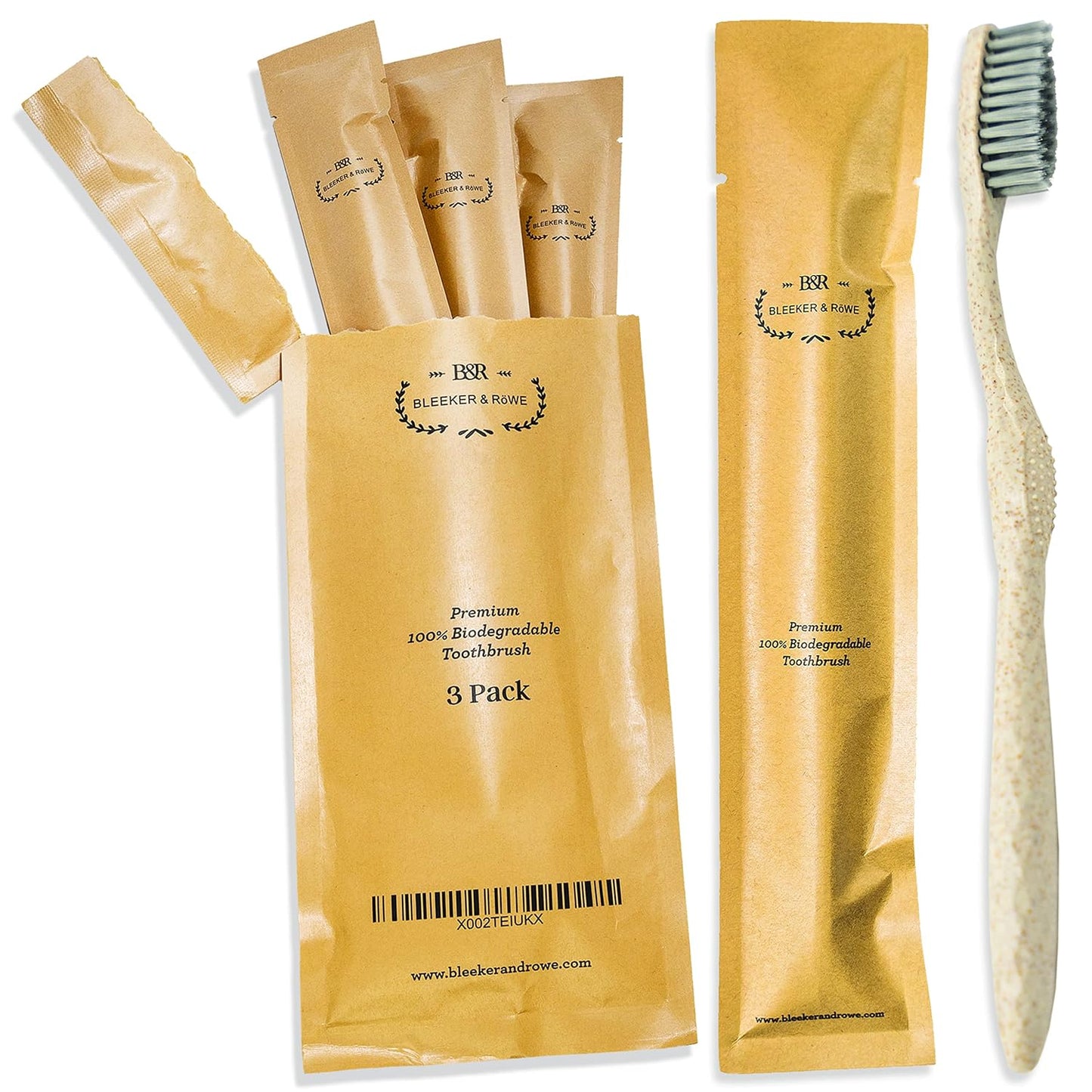 Bleeker and Rowe Biodegradable Eco-Friendly Toothbrushes - Individually Sealed - BPA Free Soft Bristles - Sustainable - Recycled Packaging (Pack of 3)