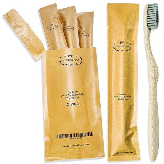 Bleeker and Rowe Biodegradable Eco-Friendly Toothbrushes - Individually Sealed - BPA Free Soft Bristles - Sustainable - Recycled Packaging (Pack of 3)