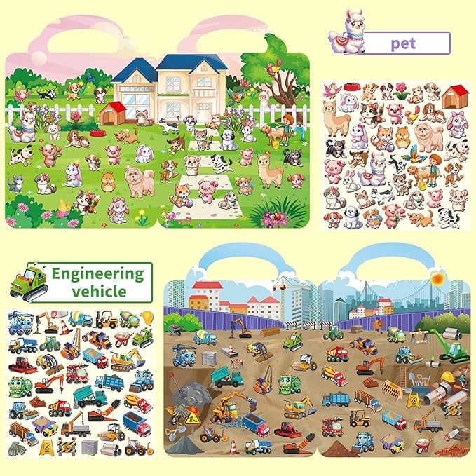 6 Set Reusable Sticker Books for Toddlers 1-3 2-4, Kids 3D Puffy Stickers (Dinosaurs, Forest, Town, Pets, Construction, Insects), Sticker Activity Books