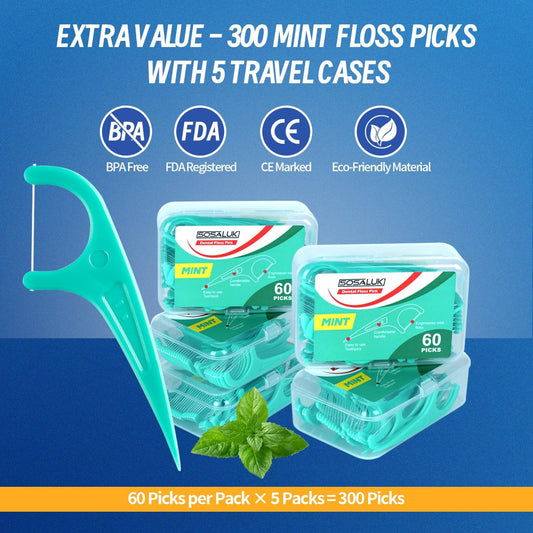 Floss Picks, 300 Count Mint Dental Floss Picks, Toothpicks with 5 Travel Cases for Extra Convenience, Helps Prevent Cavities, Remove Plaque & Freshen Breath, Premium Floss Sticks for Family