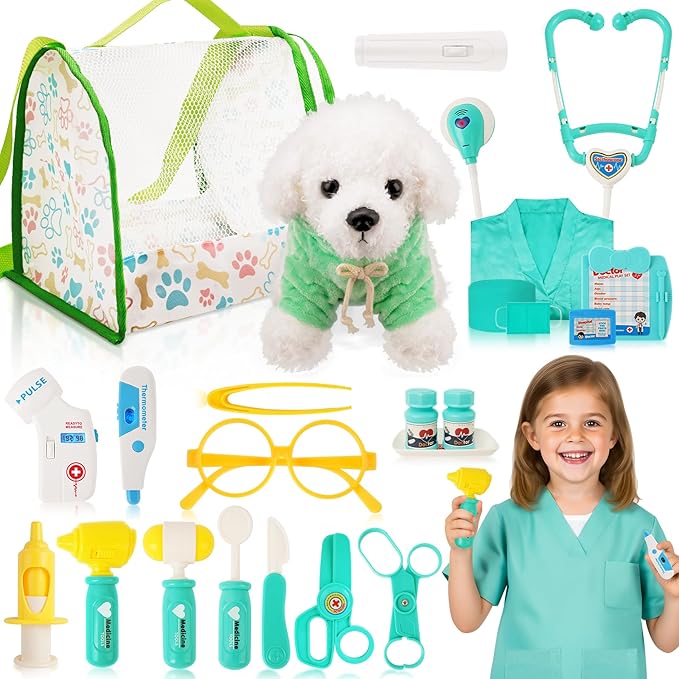Doctor Kit for Toddlers 3-5, Kids Doctors Pretend Play Set with Plush Dog, Toy Stethoscope Veterinarian Playset for Girls Boys Role Play Vet Kits Christmas Birthday Gift Aged 3 4 5 6 7 Years