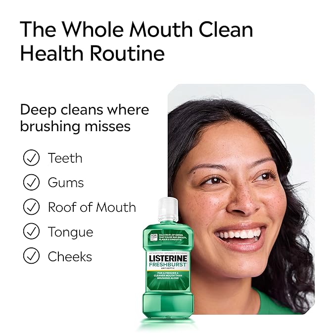 Listerine Freshburst Antiseptic Mouthwash for Bad Breath, Kills 99.9% of Bad Breath Germs & Fights Plaque & Gingivitis, ADA Accepted Mouthwash, Spearmint, Convenience Pack, 2 x 1 L