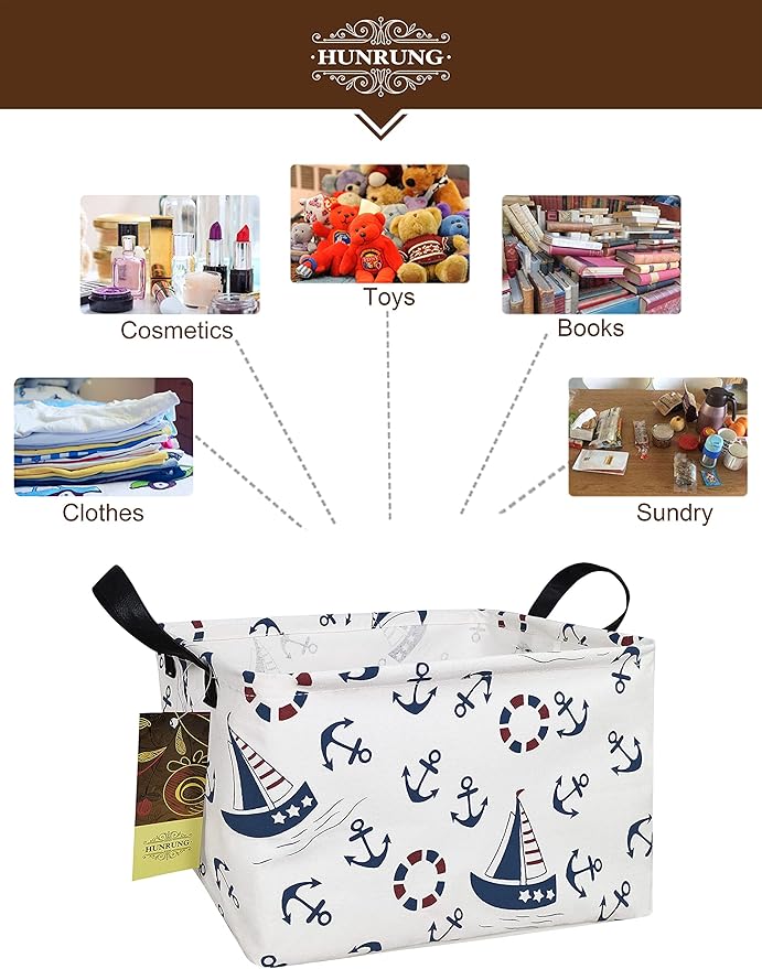 HUNRUNG Rectangle Storage Basket Cute Canvas Organizer Bin for Pet/Children Toys, Books, Clothes Perfect for Rooms/Playroom(REC-Blue anchor)