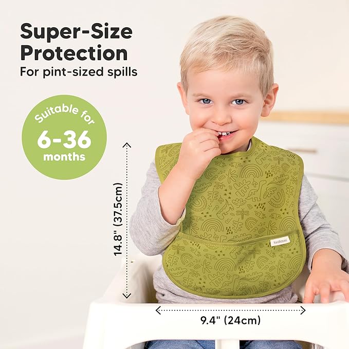 KeaBabies 3-Pack Waterproof Baby Bibs for Eating - Lightweight Toddler Feeding Bibs with Large Food Catcher, Mess Proof, Food-Grade Baby Eating Essentials, Easy to Put On & Clean (Mesozoic)