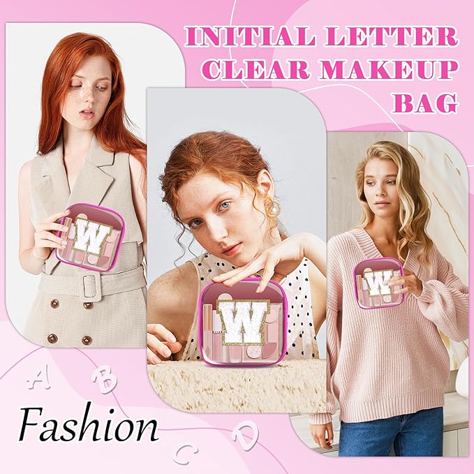 Personalized Initial Letter Clear Preppy Makeup Bag,Mini Nylon Chenille Letter Cosmetic Bag Cute Zipper Pouch Coin Purse for Teen Girls,Portable TSA Approved Travel Essentials Bag Gift for Women,W