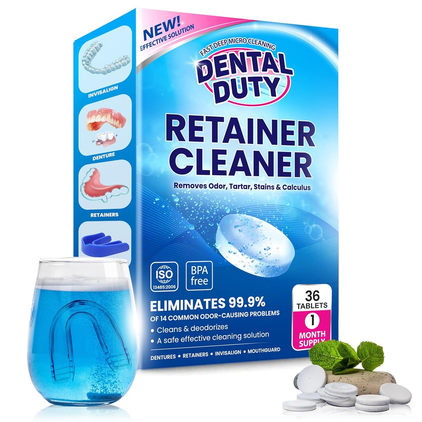 36 units Retainer Cleaner and Denture Cleaning Tablets - Mouthguard Cleaner and Denture Cleaner Tablets Remove Plaque, Odors and Stains from Aligners, Night Guard and Removable Dental Appliances.