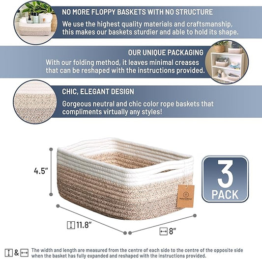 NaturalCozy 11.8"x8"x4.5” Storage Baskets for Shelves 3 Pack | Cotton Rope Woven Small Baskets for Organizing | Small Storage Bins for Nursery, Bathroom, Closet, Cube Shelf, Decorative, Gift Basket