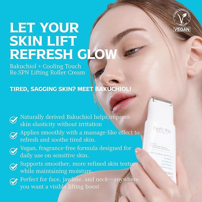 Re.SPN Bakuchiol Lifting Roller Cream – For Wrinkles, Lifting & Pore Tightening on Face & Neck with Gua Sha Applicator, Vegan, Natural Retinol, Niacinamide, K-Beauty (0.67 fl oz)
