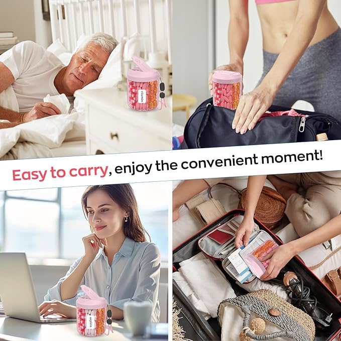 Pill Dispenser with 7 Large Compartments, 4.4" H x 3.6" Dia Pill Organizer for Travel, Supplement Organizer with Anti-Mixing Design, BPA-Free Pill Container with 20 Pcs Labels, Pink