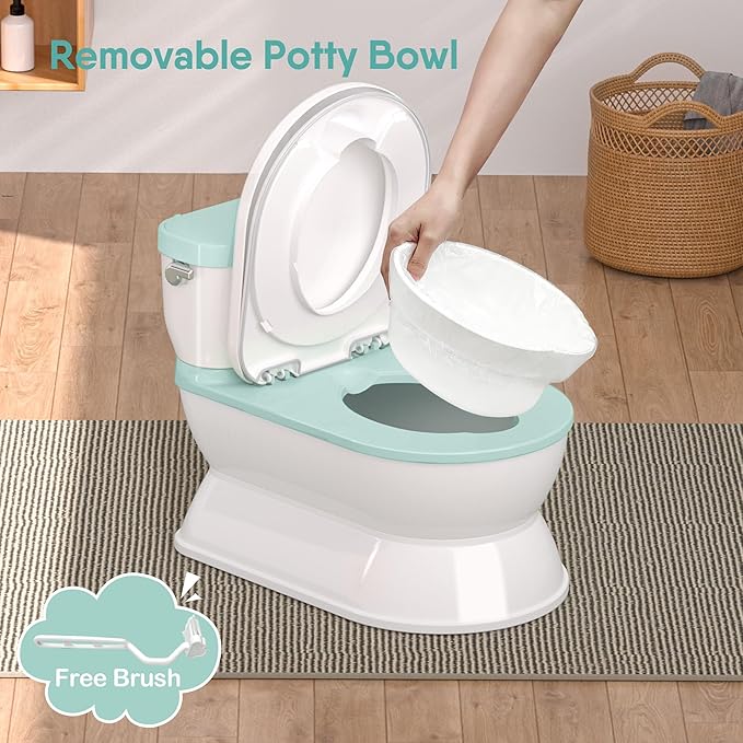 2-in-1 Toddler Potty Training Toilet - Larger Potty Chair & Detachable Training Seat for Boys & Girls Ages 1-3 with Flushing Sound, Wipes Storage, Toilet Paper Holder - Cyan