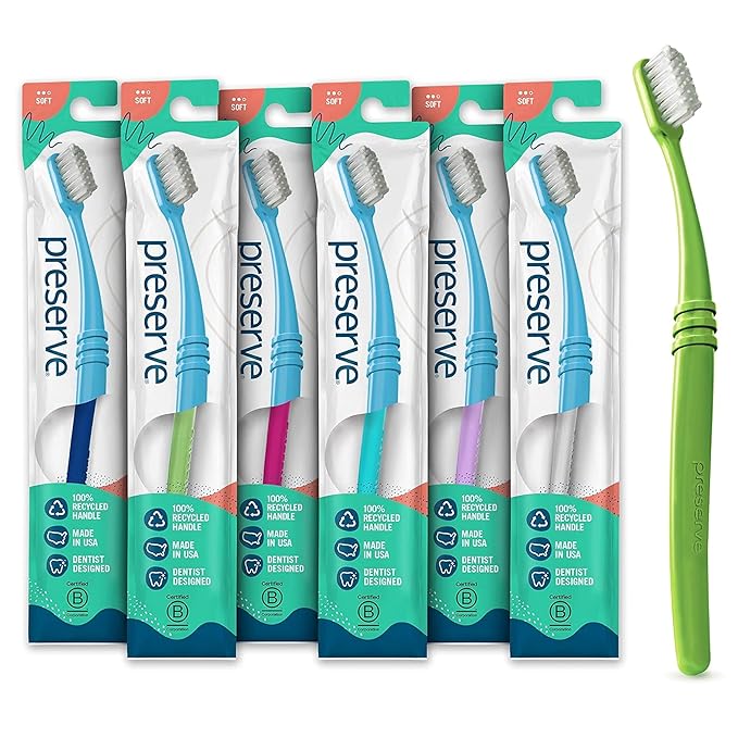 Preserve Eco Friendly Adult Toothbrushes, Made in The USA from Recycled Plastic, Lightweight Package, Soft Bristles, Colors Vary, 6 Pack