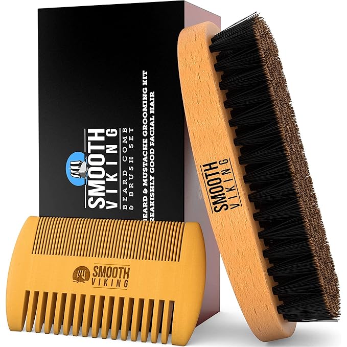 Beard Brush and Comb - Natural Boar Bristle Beard Brush & Beard Comb for Men - Facial Hair Care Gift Set for Men - Mustache Styling, Grooming & Shaping Tools
