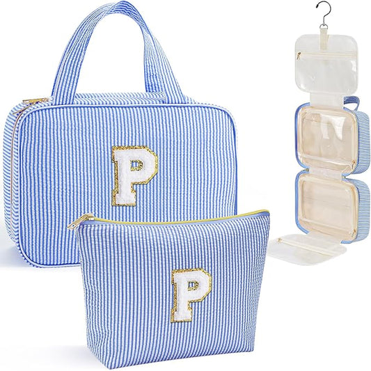 YOOLIFE Hanging Toiletry Bag for Women - Travel Toiletry Bag Makeup Bag, Portable Toiletries Cosmetic Bag, Airplane Travel Essentials - Letter P, Blue