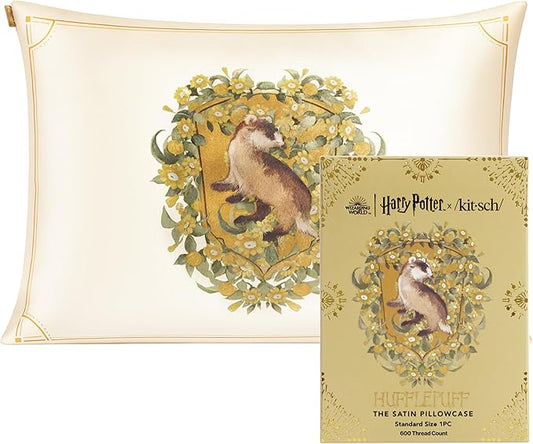 Kitsch x Harry Potter Hufflepuff Satin Pillowcase w/Zipper for Hair & Skin – Double-Sided, Softer Than Silk, Wrinkle-Free, Machine Washable, Frizz Control, Breakout Prevention - Queen/Standard(19x26)