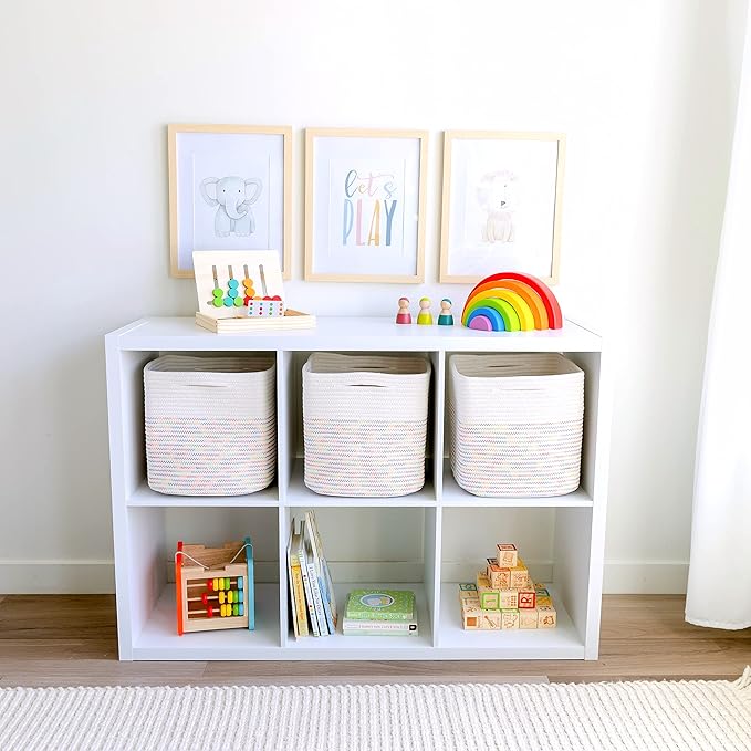 NaturalCozy Storage Cubes 11 Inch Cotton Rope Woven Baskets for Organizing, 3-Pack | Cube Storage Bin | Square Storage Baskets for Shelves Organizer, Classroom, Kids Toy Bins, Closet, Baby Nursery