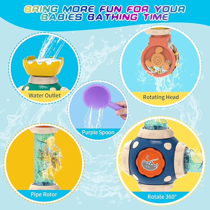 Bath Toys, STEM Baby Bathtub Toy with DIY Pipe Tubes, Cubes,Spoon, Lovely Cute Bathroom Time Spray Waterfall Shower Toy, Suitable for Toddlers Boys Girls 3 Years and up