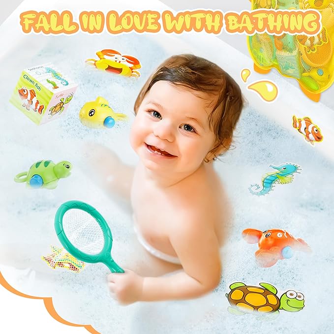 EKU Dinosaur Bath Toys for Kids Toddlers Age 18months+ Interactive Floating Sea Animal Dice Mold Free Fishing Game Water Play Bath Time Bathtub Storage Bag Girl Boy Baby Infant
