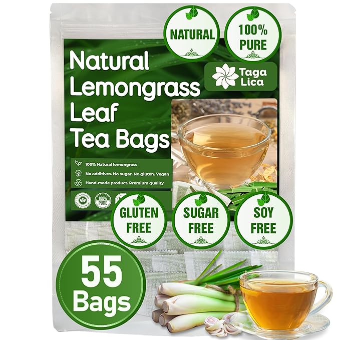 Tagalica, Premium 55 Lemongrass Tea Bags, 100% Natural & Pure Lemongrass leaves, Eco-Conscious Tea Bags, Lemongrass Herbal Tea. Lemongrass Leaf Tea. No Sugar, No Caffeine, No Gluten, Vegan.