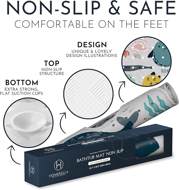 Bath Tub Mat Non Slip Anti Mold for Kids BPA Free INCL Hooks - homerella® Ocean Sea Animals 40x16, Baby Bath Mat Non Slip 200 Suction Cups, Non Toxic Machine Washable Toddler Bath Mat, EU Certified