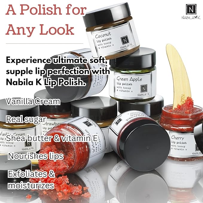 Vanilla Cream Lip Polish, 1 oz by Nabila K - Hydrating Lip Exfoliator & Moisturizer with Honey and Vitamin E for Dry and Chapped Lips - Cruelty-Free, Real Sugar, Made in USA