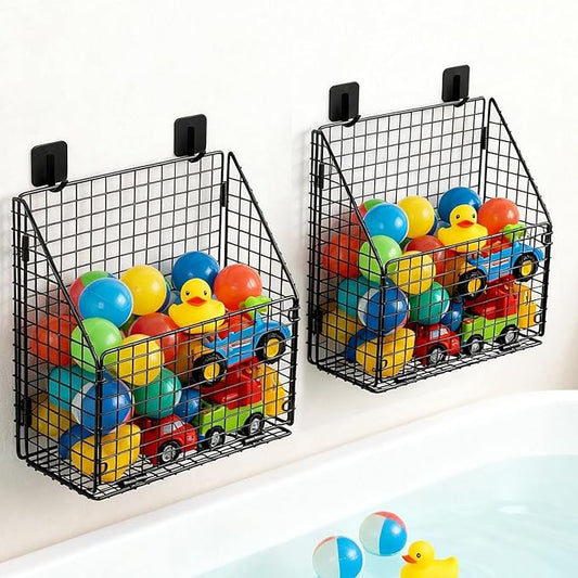 2 Pack Large Bath Toy Storage, Metal Bathtub Shower Toy Holder, Foldable bath Tub Toy Organizers Black, Bathroom Toy Storage with Drainage for Sorting Toys/Clothes/Toiletries