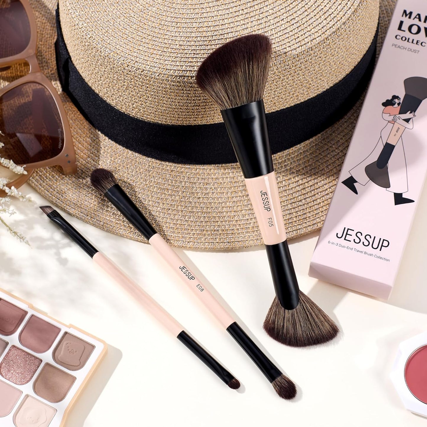 Jessup Travel Makeup Brushes Set 3pcs, Double Sided Contour Brush Dual Ended Eye Shadow Shader Eyeliner Brush, Multi-functional Makeup Set Peach Dust T507