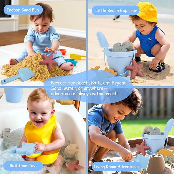 Baby Beach Toys for Toddlers 1-3, Collapsible Silicone Beach Bucket Shovel Set with 6 Sand Molds, Toddler Sand Toys for Kids, Boys, Girls, Travel (Blue)