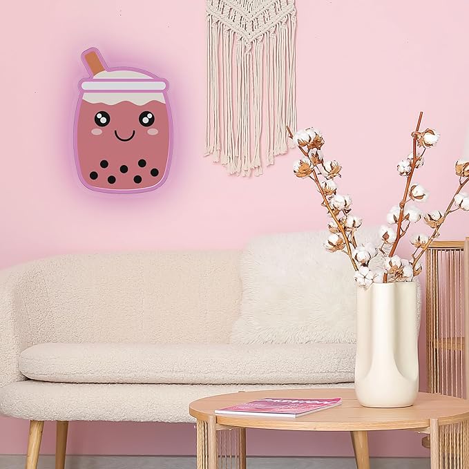 Bubble Tea NEON Wall Sign, Cute Drink LED Light, Wall Decor, Perfect for Holiday and Birthday Gift, Party Decor, Pink Bubble Tea with face for Kids Room, Bar, Restaurant