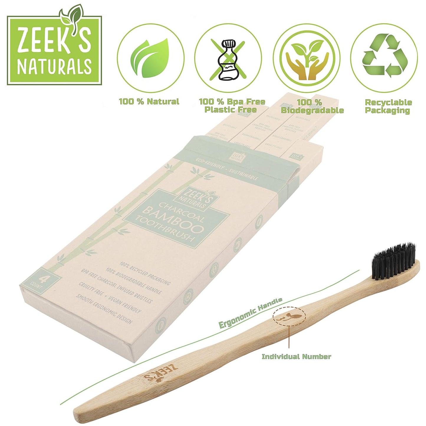 Biodegradable Eco-Friendly Natural Bamboo Charcoal Toothbrushes - Pack of 4 - Numbered - Charcoal Infused Bristles