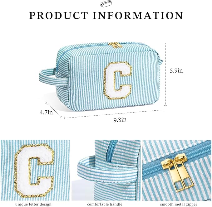 YOOLIFE Travel Makeup Bag for Women - Personalized Monogram Initial Blue Makeup Bags Cosmetic Toiletry Bag Pouch Make Up Case for Women Mom Her Best Friend Female Teacher, Birthday Gifts for Women W