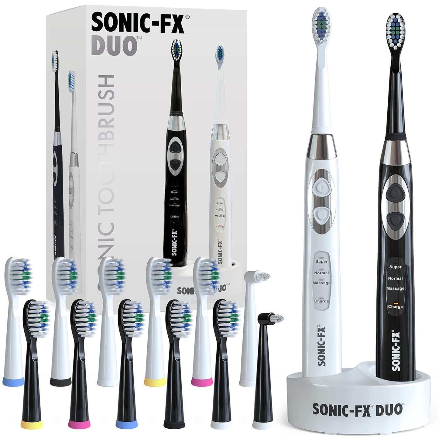 Sonic-FX Duo Rechargeable Electric Toothbrush Set - with 14 Brush Heads, 3 Modes, Smart Auto-Timer, Charging Dock Holder - Dual Handle Electric Tooth Brush for Adults & Kids, Black and White