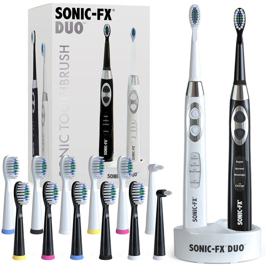 Sonic-FX Duo Rechargeable Electric Toothbrush Set - with 14 Brush Heads, 3 Modes, Smart Auto-Timer, Charging Dock Holder - Dual Handle Electric Tooth Brush for Adults & Kids, Black and White