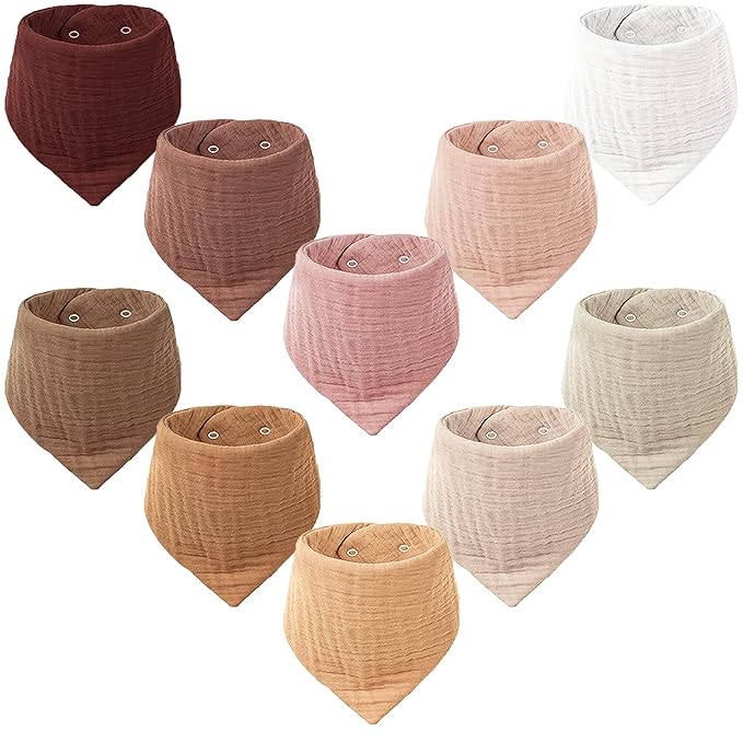 Konssy Muslin Baby Bibs 10 Pack Baby Bandana Drool Bibs 100% Cotton for Unisex Boys and Girls, Soft Absorbent Set for Teething and Drooling