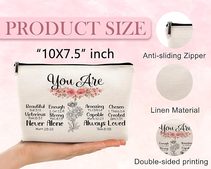kdqua Christian You are Enough Makeup Bag, Feminist Gift Inspirational Bible Verse Linen Cosmetic Bag Zipper Pouch Travel Organizer Toiletry Bag, Religious Gifts Idea for Women Mom Coworker Friends