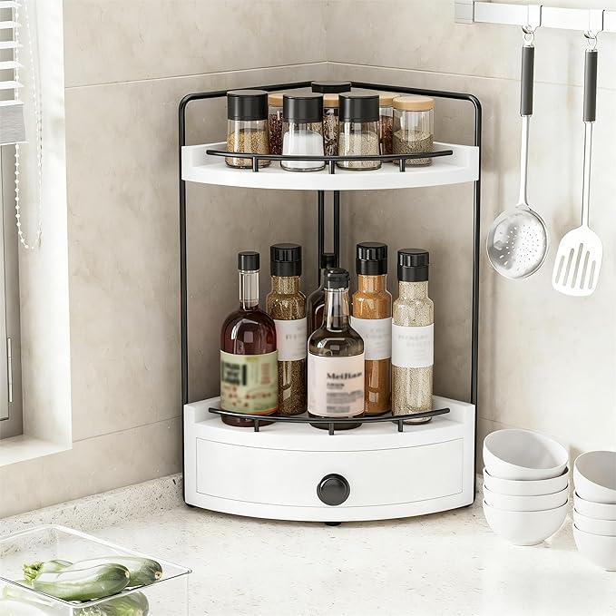 2-Tier Corner Bathroom Counter Organizer with Drawer & Embedded Screw Holes - Wooden Countertop Organizers for Skincare, Makeup Storage, Bathroom Sink Counter Shelf for Vanity, White