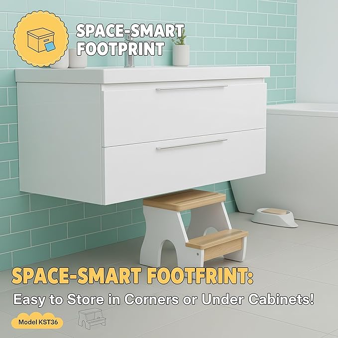 KST36 Wooden Step Stool - 250LBS Load, Non - Slip Water - Resistant Foot Stool for All Ages, Bathroom & Kitchen (White & Natural Wood, Two Step)